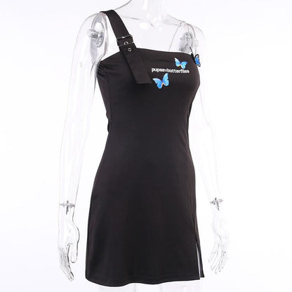 Punk Shoulder Belt Black Butterfly Dress EG373 - Egirldoll