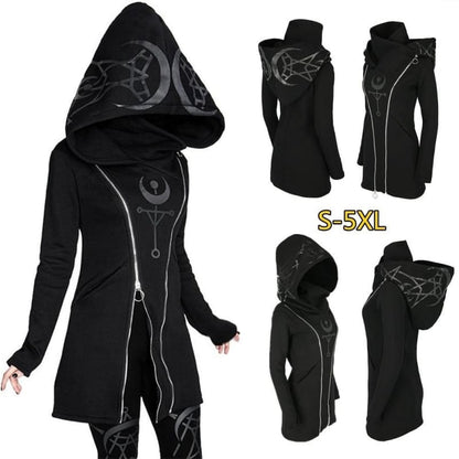 Punk Style Print Double Zipper Long Black Gothic Hoodie EG17330 - Egirldoll