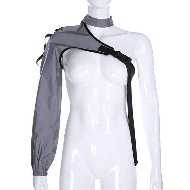 Reflective Patchwork Pullover One Shoulder Long Sleeve Crop Top EG16933 - Egirldoll