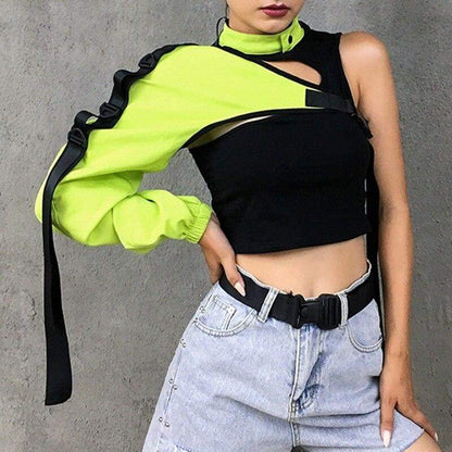 Reflective Patchwork Pullover One Shoulder Long Sleeve Crop Top EG16933 - Egirldoll