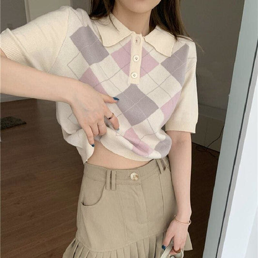 Retro Y2K Knitted Polo Neck Short Sleeve Crop Top BE148 - Egirldoll