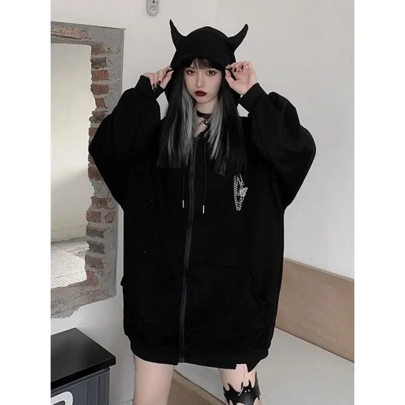 Ruibbit Harajuku Punk Gothic Girls Black Devil Horn Hoodies Sweatshirt EG106 - Egirldoll