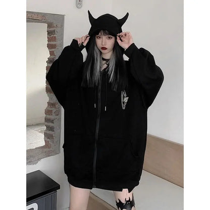 Ruibbit Harajuku Punk Gothic Girls Black Devil Horn Hoodies Sweatshirt EG106 - Egirldoll