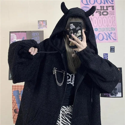 Ruibbit Harajuku Punk Gothic Girls Black Devil Horn Hoodies Sweatshirt EG106 - Egirldoll