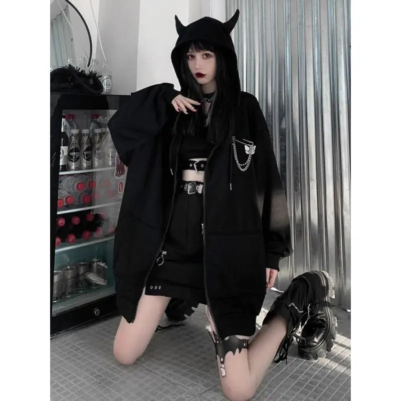 Ruibbit Harajuku Punk Gothic Girls Black Devil Horn Hoodies Sweatshirt EG106 - Egirldoll