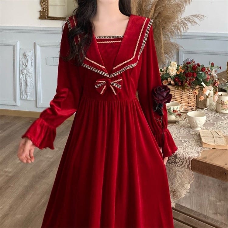 S-4XL Plus Size Black Red Long Sleeve Sweet Navy Collar Velvet Dress BE364 - Egirldoll