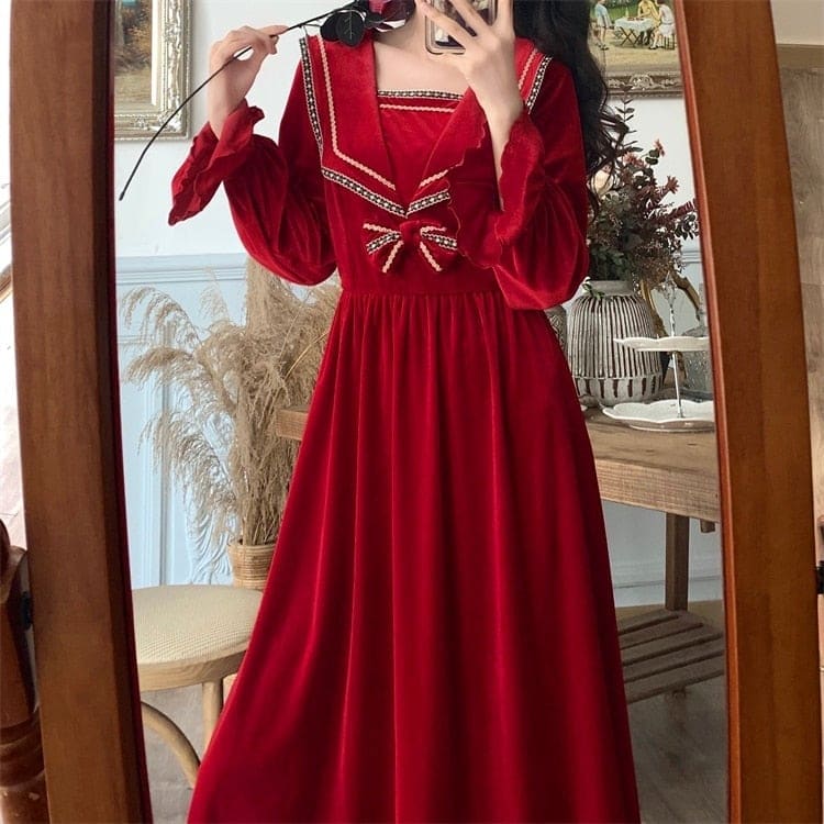 S-4XL Plus Size Black Red Long Sleeve Sweet Navy Collar Velvet Dress BE364 - Egirldoll