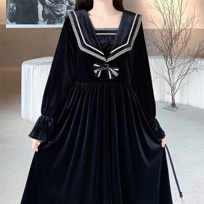 S-4XL Plus Size Black Red Long Sleeve Sweet Navy Collar Velvet Dress BE364 - Egirldoll