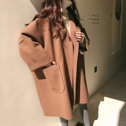 S-4XL Plus Size Black/Camel Turn-Down Collar Faux Wool Coat BE393 - Egirldoll