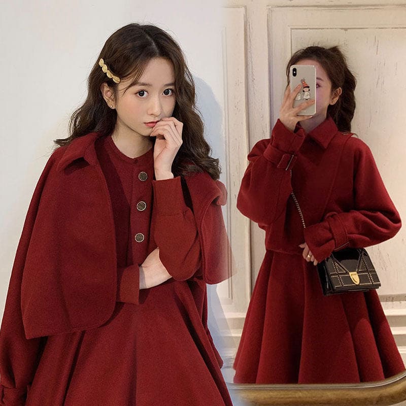 S-4XL Plus Size Red Korean Elegant Short Vintage Wool Jacket And Dress Suit BE414 - Egirldoll