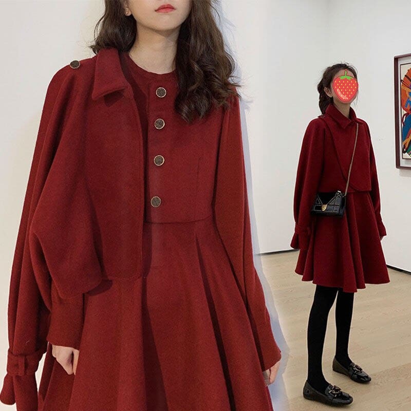 S-4XL Plus Size Red Korean Elegant Short Vintage Wool Jacket And Dress Suit BE414 - Egirldoll