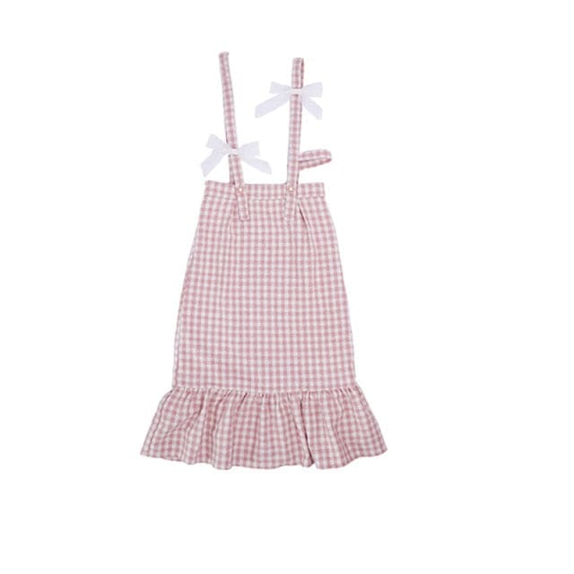 S-XL Korean Kawaii Plaid Strap Sweet Bow Pink Midi Dress Set EG16813 - Egirldoll