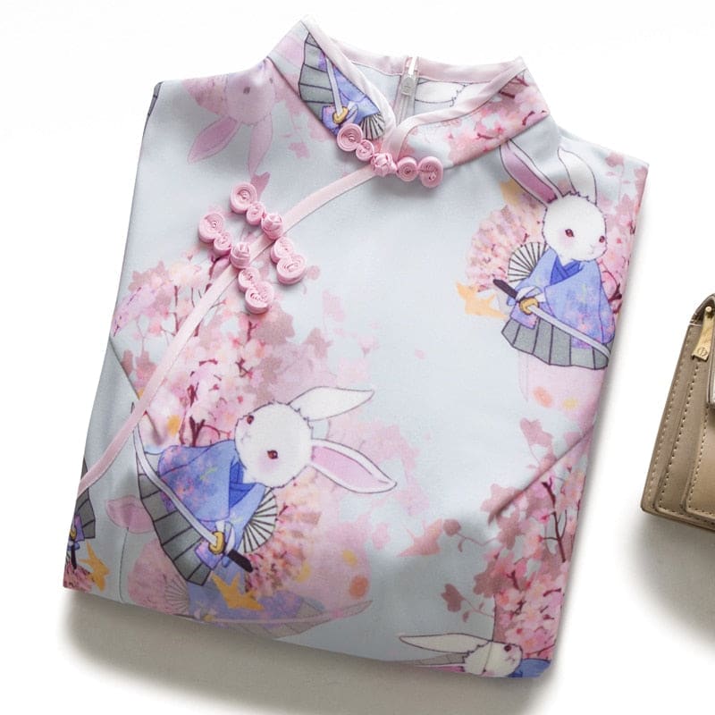 S-XXL Cute Anime Rabbit Cherry Blossom Pink Cheongsam Dress EG17031 - Egirldoll