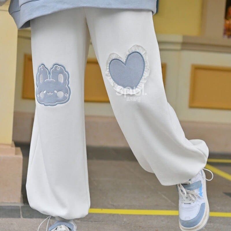 S-XXL Japanese Kawaii Rabbit Embroidery Heart White Pants BE443 - Egirldoll