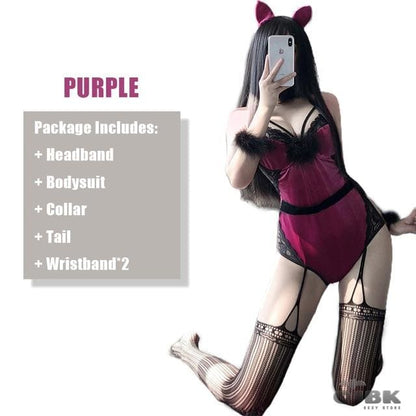 Sexy Cat Purple Velvet High Stretch Bodysuit EE0747 - Egirldoll