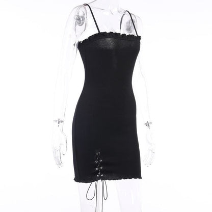 Simple Goth Side Lace Hip Drawstring Dress EE0855 - Egirldoll