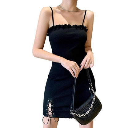 Simple Goth Side Lace Hip Drawstring Dress EE0855 - Egirldoll