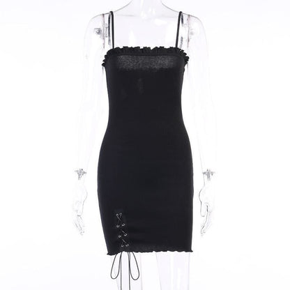 Simple Goth Side Lace Hip Drawstring Dress EE0855 - Egirldoll