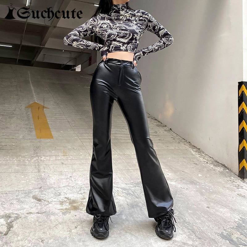 Streetwear Faux Leather Flare Pants - Egirldoll