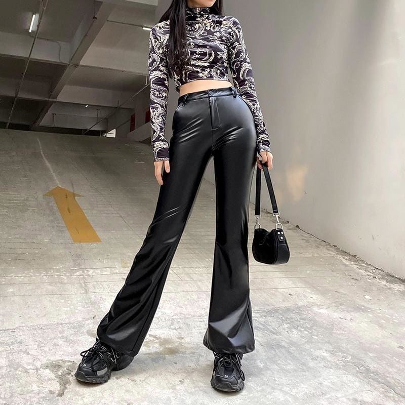 Streetwear Faux Leather Flare Pants - Egirldoll