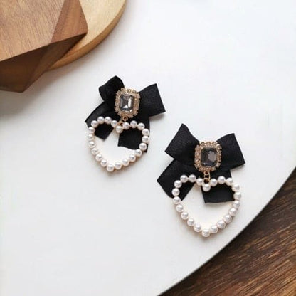 Sweet Black Bowknot Crystal Pearls Heart Earrings EG16951 - Egirldoll