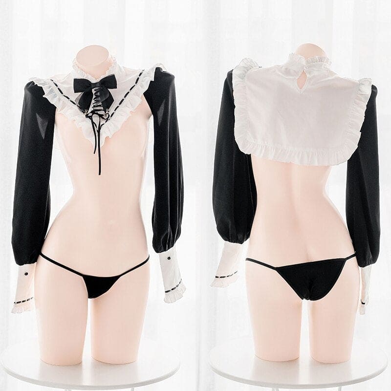 Sweet Black White Nun Collar Hollow Out Top Lingerie BE327 - Egirldoll