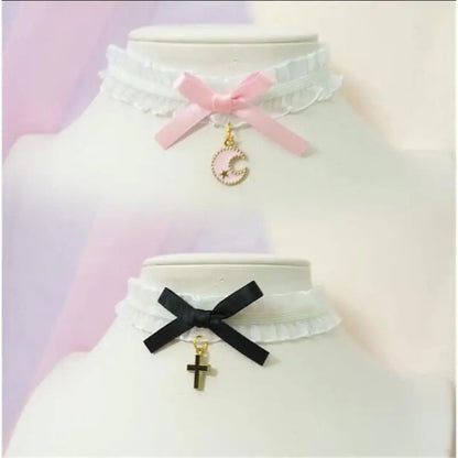 Sweet Cross Pendant Bownot Choker Cute Lolita Ribbon Chain Necklace EG079 - Egirldoll