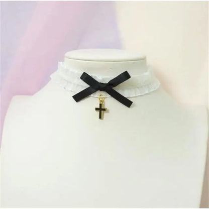 Sweet Cross Pendant Bownot Choker Cute Lolita Ribbon Chain Necklace EG079 - Egirldoll