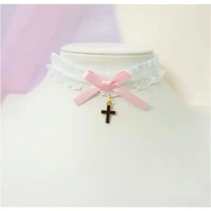 Sweet Cross Pendant Bownot Choker Cute Lolita Ribbon Chain Necklace EG079 - Egirldoll