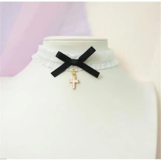 Sweet Cross Pendant Bownot Choker Cute Lolita Ribbon Chain Necklace EG079 - Egirldoll