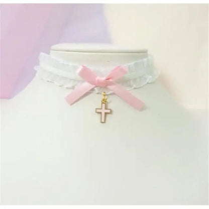 Sweet Cross Pendant Bownot Choker Cute Lolita Ribbon Chain Necklace EG079 - Egirldoll