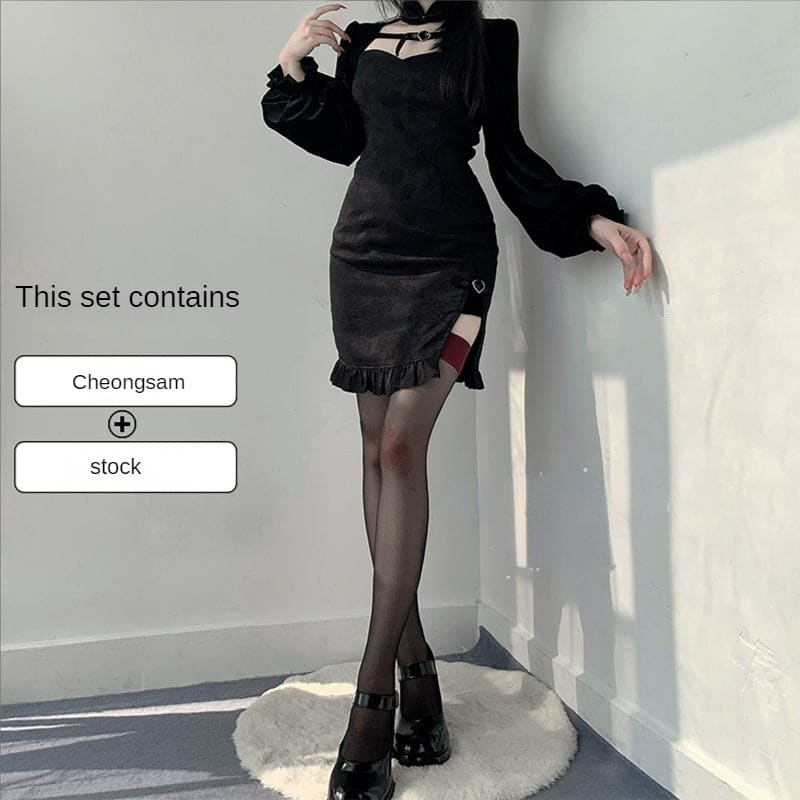 Sweet Elegant Black Open-Side Puff Dress ON659 - Black Set
