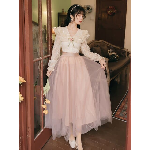 Sweet Elegant Flare Sleeve Lace Top Fairy High Waist Mesh Skirt Suit EG17098 - Egirldoll