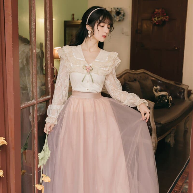 Sweet Elegant Flare Sleeve Lace Top Fairy High Waist Mesh Skirt Suit EG17098 - Egirldoll