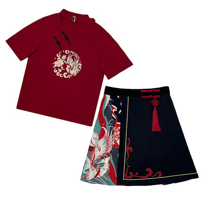 Sweet Embroidery Black Red T-shirt Skirt Set ON347 - Egirldoll