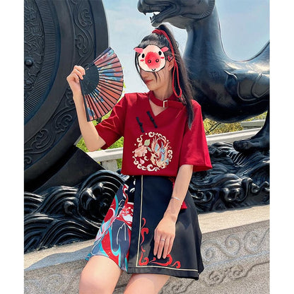 Sweet Embroidery Black Red T-shirt Skirt Set ON347 - Egirldoll