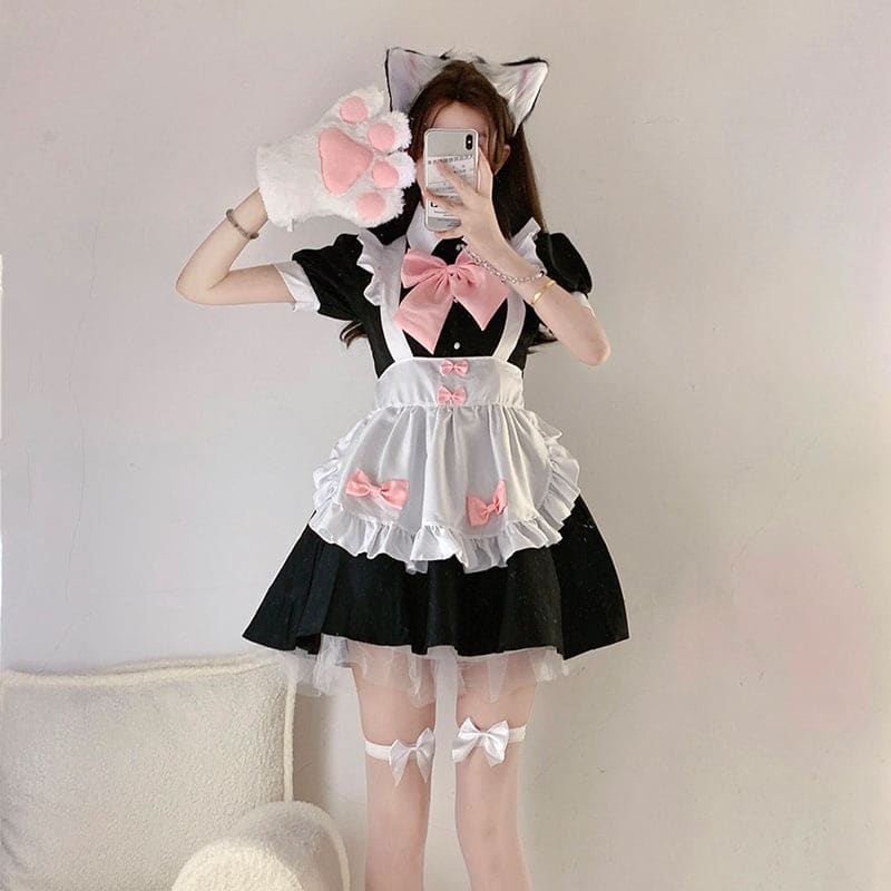Sweet Neko Maid Pink Bows Black Dress ON263 - Egirldoll