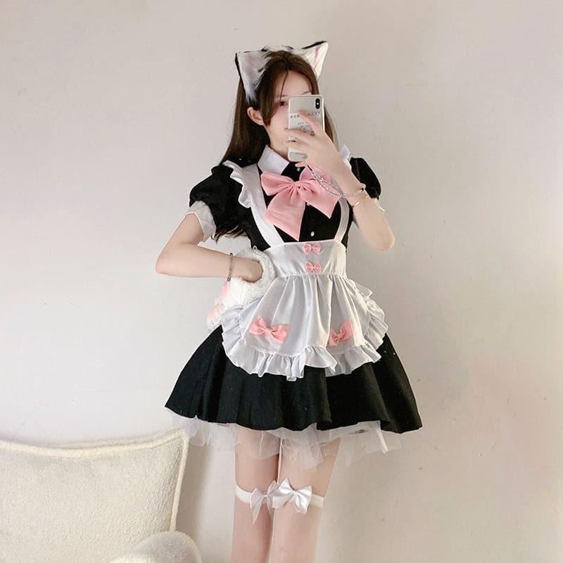 Sweet Neko Maid Pink Bows Black Dress ON263 - Egirldoll