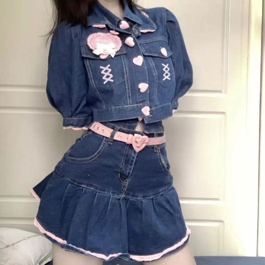 Sweet Perfect Lala Demin Blue Pink Hearts Outfit ON618