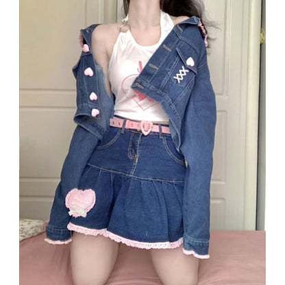 Sweet Perfect Lala Demin Blue Pink Hearts Outfit ON618