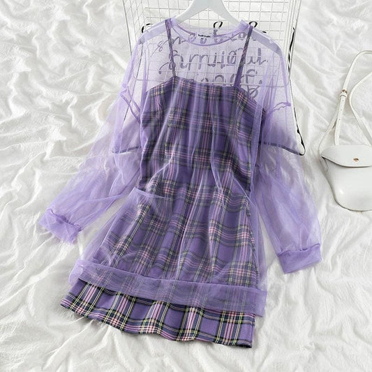 Sweet Purple Plaid Halter Dress+Mesh Sunscreen Blouse Suit EG15781 - Egirldoll