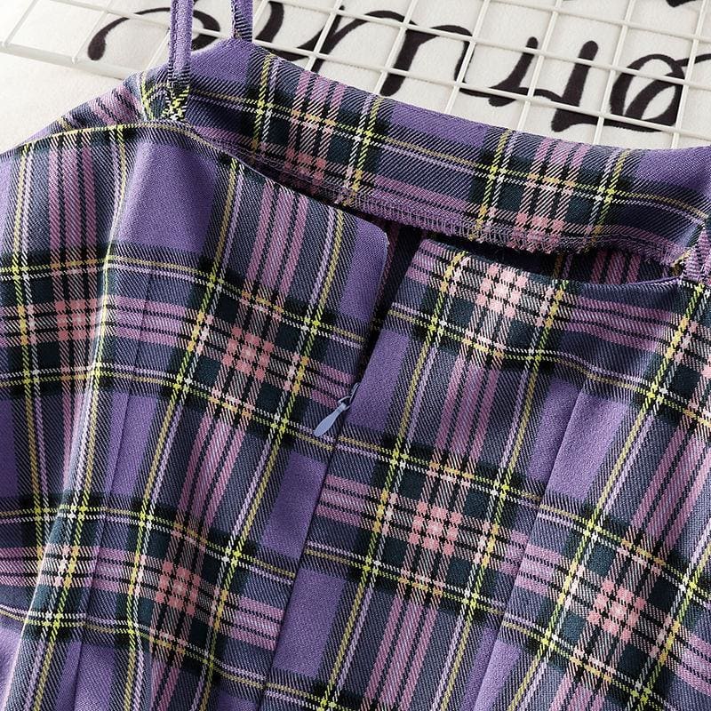 Sweet Purple Plaid Halter Dress+Mesh Sunscreen Blouse Suit EG15781 - Egirldoll