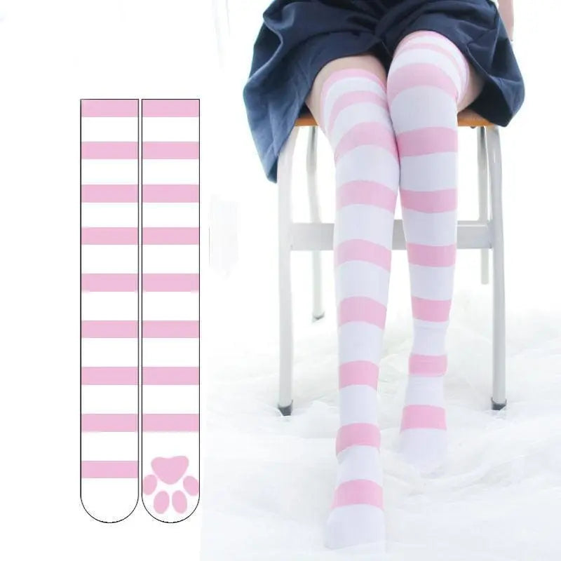 Sweet Striped Cat Paw Prints Over-the-knee Socks EG15329 - Egirldoll
