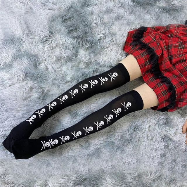 Sweet White/Black Print Kawaii Bow Lolita Over Knee Lace Stocking Tights EG16924 - Egirldoll