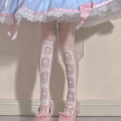 Sweet White/Black Print Kawaii Bow Lolita Over Knee Lace Stocking Tights EG16924 - Egirldoll