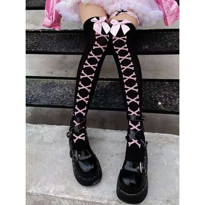 Sweet White/Black Print Kawaii Bow Lolita Over Knee Lace Stocking Tights EG16924 - Egirldoll