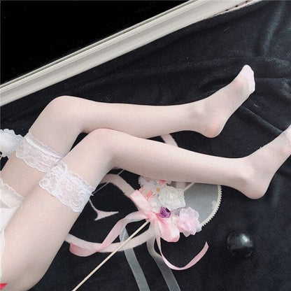 Sweet White/Black Print Kawaii Bow Lolita Over Knee Lace Stocking Tights EG16924 - Egirldoll