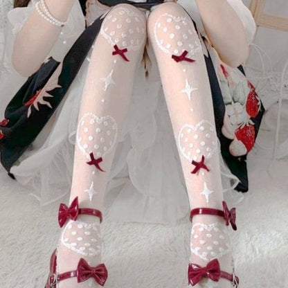 Sweet White/Black Print Kawaii Bow Lolita Over Knee Lace Stocking Tights EG16924 - Egirldoll