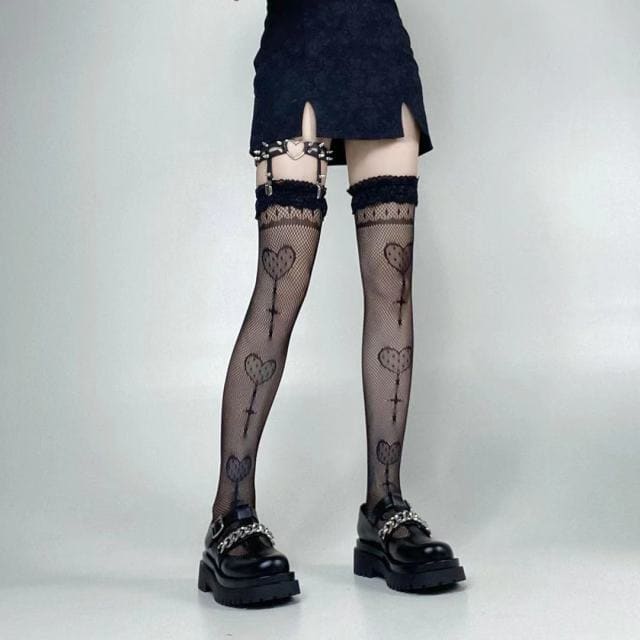 Sweet White/Black Print Kawaii Bow Lolita Over Knee Lace Stocking Tights EG16924 - Egirldoll