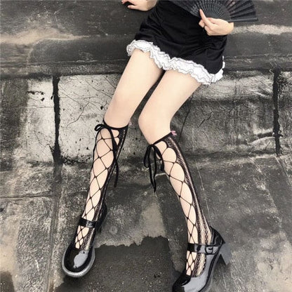 Sweet White/Black Print Kawaii Bow Lolita Over Knee Lace Stocking Tights EG16924 - Egirldoll